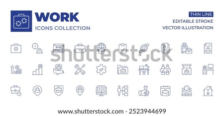 Work icons collection. Thin Line icons, editable stroke. work time, pin, money, job promotion, shield, tool, travel, location, e work, working, work table, assignment, wrench, check.