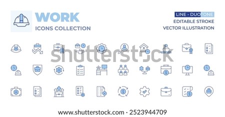 Work icons collection. Line Duotone style, editable stroke. evaluation, result, work space, checklist, arrows, job promotion, shield, working hours, work in progress, file.