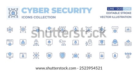 Cyber security icons collection. Line Duotone style, editable stroke. access, alert, computer, cyber crime, security, cybersecurity threats, browser, attack, broken shield, bug.