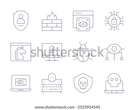 Cyber security icons. Thin Line style, editable stroke. firewall, lock, server, trojan horse, view, virus, digital security, spyware, cyber security, cybersecurity threats, browser.