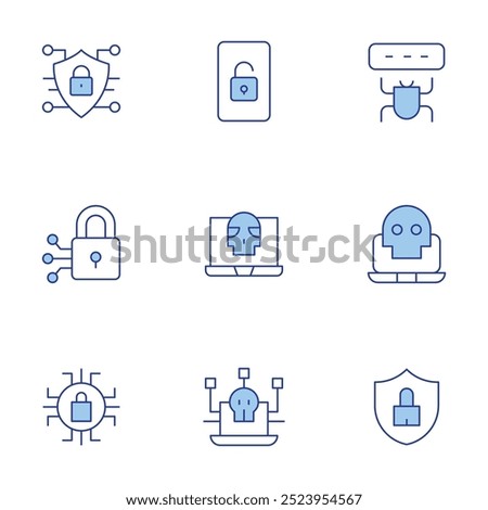 Cyber security icons set. Line Duotone style, editable stroke. bug, cyber security, cybersecurity threats, browser, cyber attack, cyber.