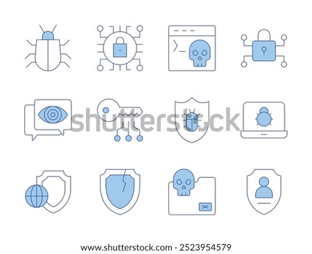 Cyber security icons. Line Duotone style, editable stroke. folder, shield, spyware, terminal, virus, broken shield, bug, cyber attack, cyber security.