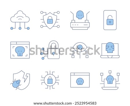 Cyber security icons. Line Duotone style, editable stroke. shield, threat, hacker, spyware, virtual, wifi, browser, cyber attack, cyber security, cyber.