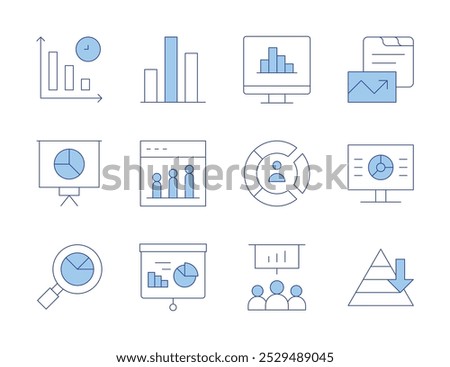 Statistics icons. Line Duotone style, editable stroke. presentation, statistics, search, decrease, demographic, maslow pyramid, analytics, bar chart, chart.