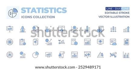 Statistics icons collection. Line Duotone style, editable stroke. files, infographics, investment, statistics, reporting, maslow pyramid, analytics, bar chart, calculator, chart, development.