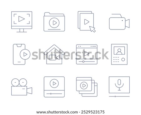 Video icons. Thin Line style, editable stroke. file, player, videos, video editor, videocamera, camera, home, intercom, play, podcast, folder.