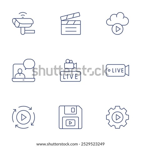 Video icons set. Thin Line style, editable stroke. cctv camera, clapper, cloud, laptop, live, processing, save, settings.