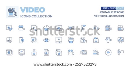 Video icons collection. Line Duotone style, editable stroke. camera, folder, video player, view, file, vod, videocamera, editing, video lesson, call.