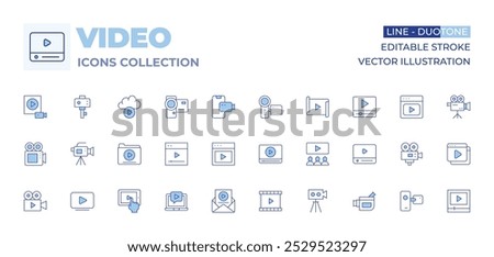 Video icons collection. Line Duotone style, editable stroke. camera, call, video, video lesson, video player, production, audience, cloud, folder.