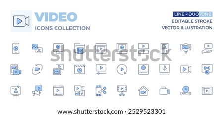 Video icons collection. Line Duotone style, editable stroke. degree, content, elearning, make video, multimedia, smartphone, play, video, video folder, advertising, online learning.