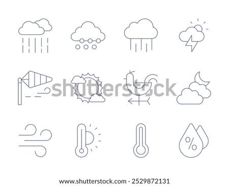 Weather icons. Thin Line style, editable stroke. snow, sun, thermometer, wind direction, wind signal, wind, rain, temperature, cloudy night, humidity, storm.