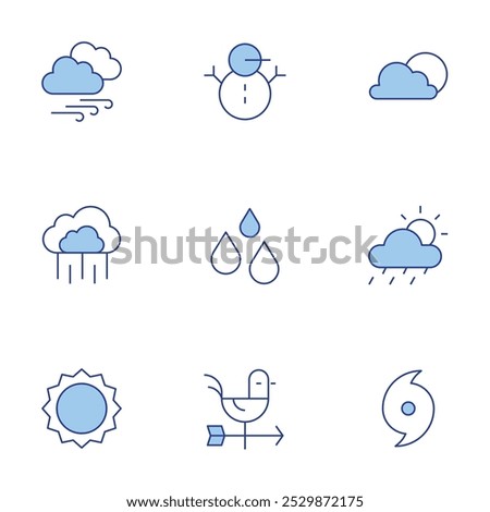 Weather icons set. Line Duotone style, editable stroke. cloudy, windy, sun, humidity, snowman, weather vane, hurricane, rain.