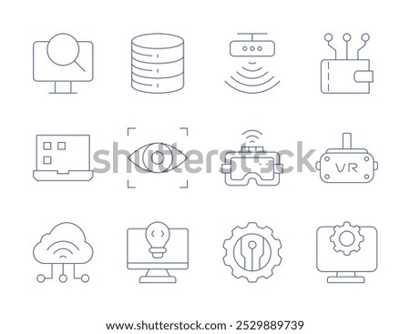 Technology icons. Thin Line style, editable stroke. laptop, database, eye scanner, idea, motion sensor, new technologies, vr glasses, wallet, settings, iot, computer.