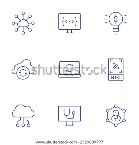 Technology icons set. Thin Line style, editable stroke. cloud, cloud data, light bulb, nanotechnology, nfc, computer, laptop, coding, cloud sync.