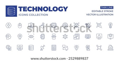 Technology icons collection. Thin Line icons, editable stroke. database, eye scanner, satellite, smartwatch, digitalization, gear, artificial intelligence, augmented reality, calculator.