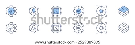 Technology icon set in two styles, Duotone and Thin Line style. Editable stroke. artificial intelligence, green technology, target, nanotechnology, cpu, platform.