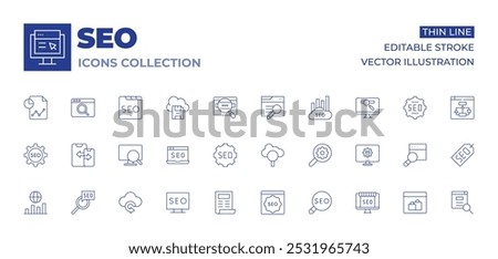 Seo icons collection. Thin Line icons, editable stroke. search, searching, seo, settings, shopping online, restore, seo and web, seo report, responsive design.