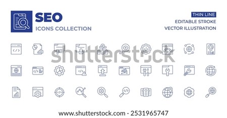 Seo icons collection. Thin Line icons, editable stroke. geolocation, interfaces, maintenance, analytics, coding, insert, magnifying glass, web traffic, browser, code.