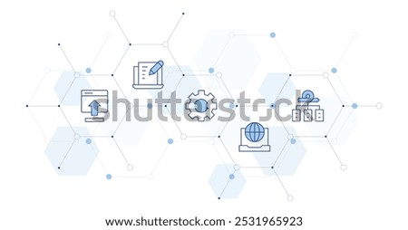 Seo Banner Vector Illustration with Icon Style in Between. Line Duotone icon. Containing laptop, framework, insert, process.