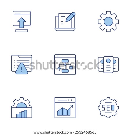 Seo icons set. Line Duotone style, editable stroke. seo, sitemap, warning, web traffic, graph, laptop, interfaces, insert, process.