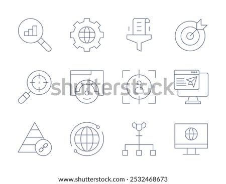 Seo icons. Thin Line style, editable stroke. target, target audience, globe, goal, internet, landing page, monitor, pyramid, ranking factor, world, data analytics, data.