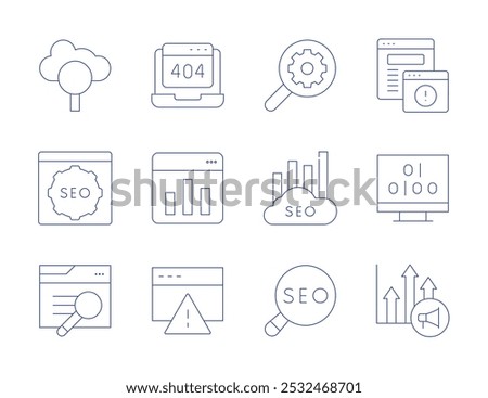 Seo icons. Thin Line style, editable stroke. adware, bar chart, binary code, caution, chart, search, seo, web.