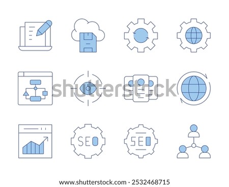 Seo icons. Line Duotone style, editable stroke. save file, seo, sitemap, web traffic, people, laptop, globe, global, interfaces, eye, process.