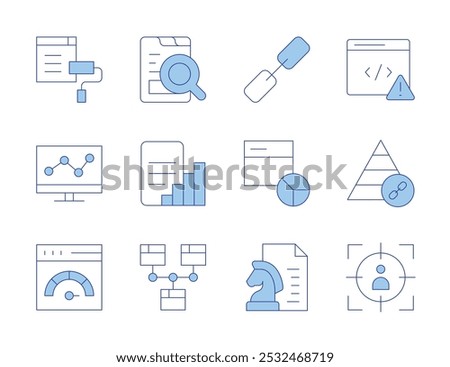 Seo icons. Line Duotone style, editable stroke. content strategy, target audience, theme, web analytics, website, report, line graph, link, pyramid, internet, coding, analytics.