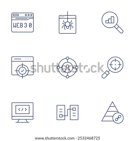 Seo icons set. Thin Line style, editable stroke. web, target, prototype, pyramid, programming, dark web, data analytics.