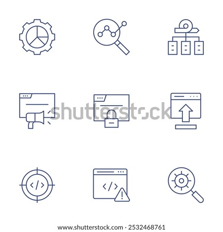 Seo icons set. Thin Line style, editable stroke. analytics, browser, coding, framework, insert, magnifying glass.