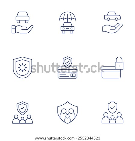 Insurance icons set. Thin Line style, editable stroke. car, coronavirus, family, credit card, family insurance.