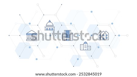 Building Banner Vector Illustration with Icon Style in Between. Line Duotone icon. Containing city building, house, capitol, college, building.