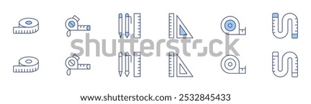 Measure icon set in two styles, Duotone and Thin Line style. Editable stroke. rulers, tape measure, measuring tape, writing.