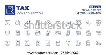 Tax icons collection. Thin Line icons, editable stroke. tax, shield, search, vat, taxes, tax calculate, pie chart, interest rate, chat, bank, value, tax office.