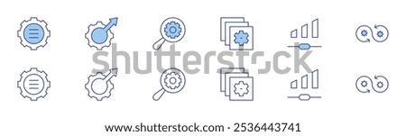 Configuration icon set in two styles, Duotone and Thin Line style. Editable stroke. layers, volume, settings, testing, search, devops.