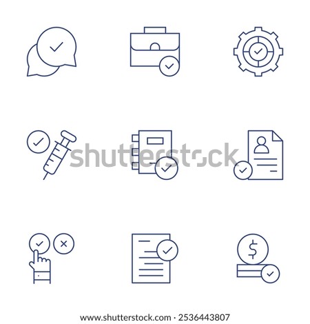 Approval icons set. Thin Line style, editable stroke. briefcase, corporate policy, exam, approval, approve, approved, check, cv, financial.