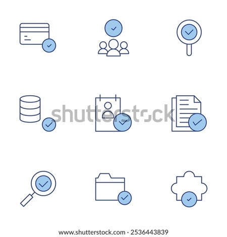 Approval icons set. Line Duotone style, editable stroke. approved, accept, approve, check, folder, cv, database, candidate, credit card.