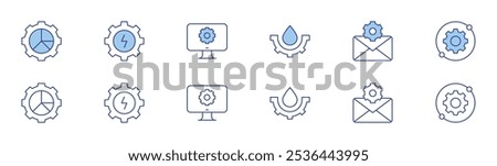 Configuration icon set in two styles, Duotone and Thin Line style. Editable stroke. water drop, mail, analytics, settings, video, configuration.