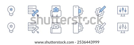 Configuration icon set in two styles, Duotone and Thin Line style. Editable stroke. light bulb, smartphone, configuration, development, folder, computer.