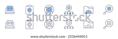 Configuration icon set in two styles, Duotone and Thin Line style. Editable stroke. settings, folder, clipboard, iteration, integration.
