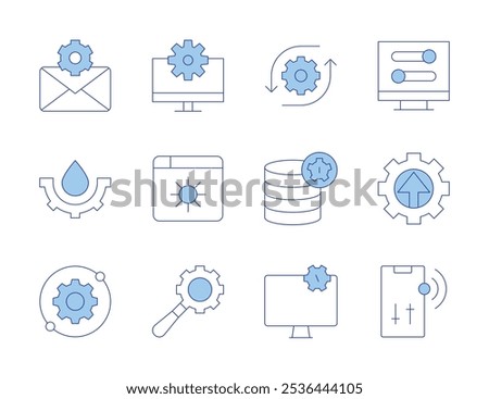 Configuration icons. Line Duotone style, editable stroke. water drop, mail, settings, setup, engineering, configuration, monitor, setting, searching, gear, broswer.