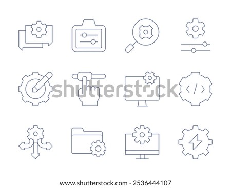 Configuration icons. Thin Line style, editable stroke. adjust, configuration, data management, cogwheel, engineering, chat, directions, integration, monitor, setting.