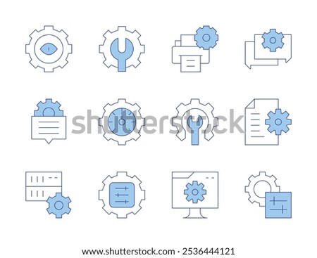 Configuration icons. Line Duotone style, editable stroke. chat, settings, server, document, speedometer, eye, printer.