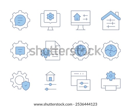 Configuration icons. Line Duotone style, editable stroke. chat, settings, world, file, home, web settings, printer, smart home, web development.