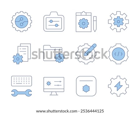 Configuration icons. Line Duotone style, editable stroke. adjust, data management, settings, keyboard, gear, configuration, digitalization, report, engineering, gears.