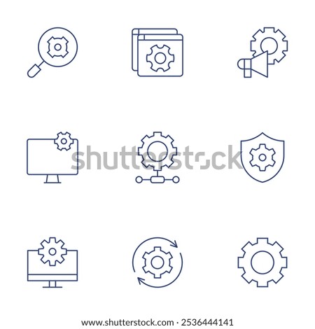 Configuration icons set. Thin Line style, editable stroke. integration, monitor, setting, marketing, security, settings, system update.