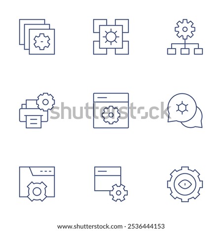 Configuration icons set. Thin Line style, editable stroke. application, configuration, development, conversation, eye, layers, printer, setting.