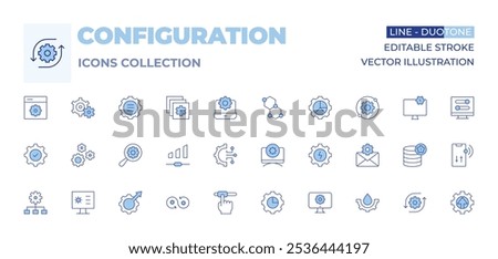 Configuration icons collection. Line Duotone style, editable stroke. configuration, mail, layers, settings, analytics, volume, monitor, search, bond.