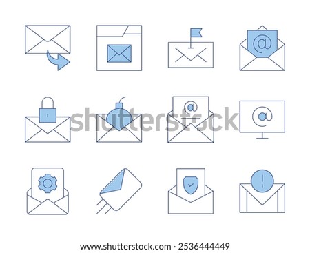 Mail icons. Line Duotone style, editable stroke. email, forward message, email marketing, flag, protected, at, mail, marketing.