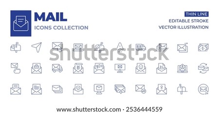 Mail icons collection. Thin Line icons, editable stroke. email, forward message, forward, letter, protected, message, hired, inbox, mail truck, spam, laptop, mailbox, send, sent.